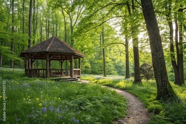 Obraz Tranquil Wooden Gazebo Retreat in Lush Forest Setting - Ideal for Relaxation and Nature Escapes