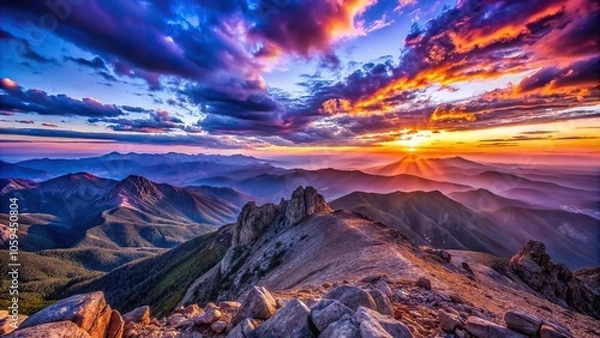 Fototapeta Deep blues and purples dominate the evening sky as the sun sinks below the horizon casting long shadows across the rugged terrain of a dramatic mountain range, sunset, sky