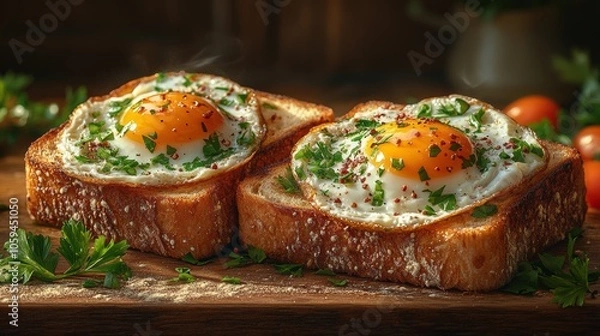 Fototapeta Steaming fried eggs with parsley on toasted bread for breakfast