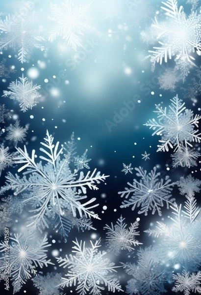 Fototapeta Snowy frosty background with beautiful snow patterned snowflakes