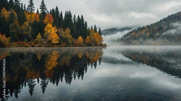 Fototapeta Fog in nature. A misty forest in autumn with a mix of evergreen and yellow-orange deciduous trees