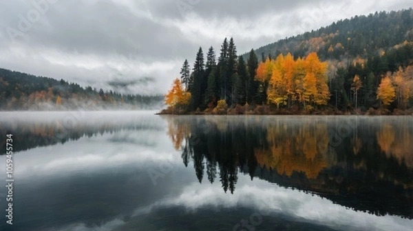 Fototapeta Fog in nature. A misty forest in autumn with a mix of evergreen and yellow-orange deciduous trees