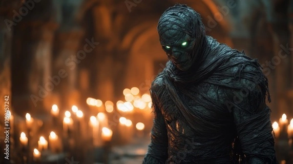 Fototapeta Mummy emerging from darkness with glowing green eyes in candlelit temple