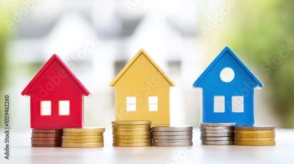 Fototapeta Affordable housing options with colorful models and coins symbolize investment