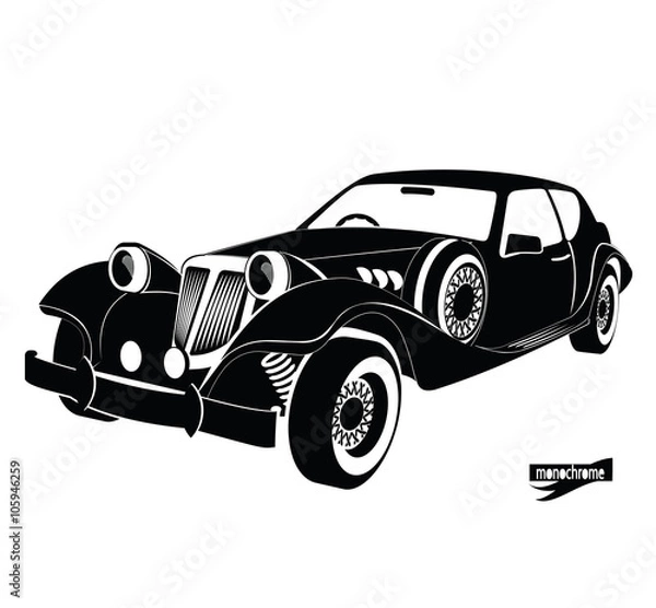 Fototapeta Monochrome retro car, front view black auto silhouette, luxury vintage automobile on white background, hand drawing style for design card, banners, flyer, print. car rental for driving in the city