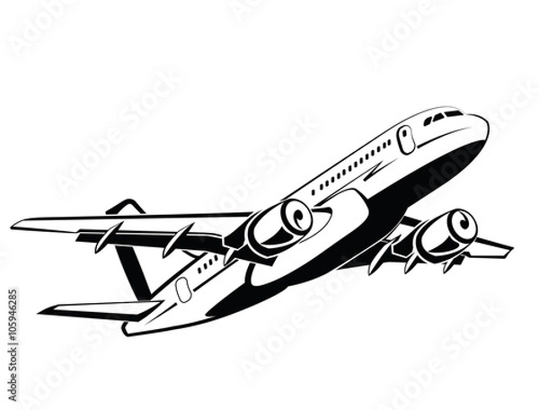 Fototapeta Airplane, plane on takeoff, passenger plane. Airlines. Airport and travel transport. Business and economy class. Symbol and icon vector design, monochrome style, hand drawing