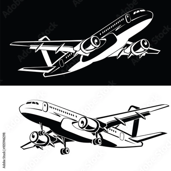 Fototapeta Set of two the plane is landing and takeoff gear, on a white and black background Airplane icon in a monochrome style. Airlines. Flying in the sky plane. Aircraft silhouettes high full. Business trip