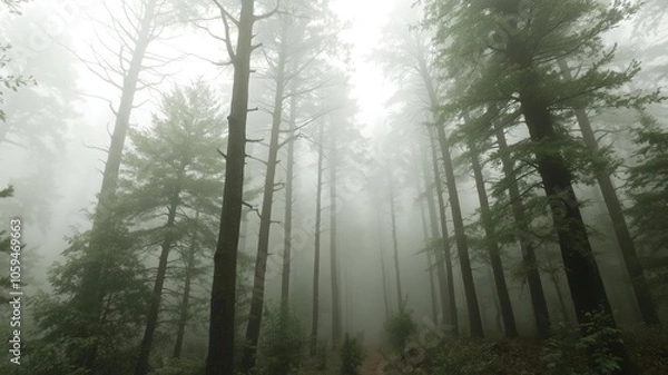 Fototapeta Mysterious forest enveloped in dense fog and mist, landscape, misty