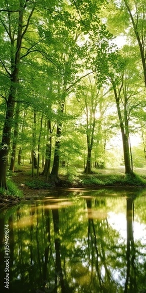 Fototapeta Peaceful forest scene with sunlight filtering through green leaves and reflecting on a tranquil pond, creating a serene and calming atmosphere, pond, peaceful