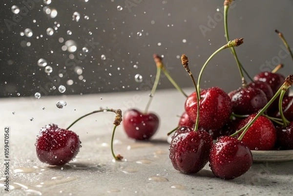 Fototapeta Vintage Style Photography of Cherries Falling in Studio with Delicious Condensation