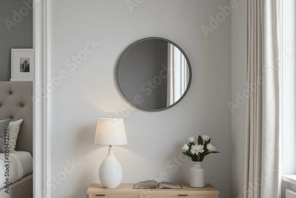 Fototapeta Serene Bedroom Corner Featuring Round Mirror, White Lamp, and Fresh Flowers Creating Cozy Modern Atmosphere