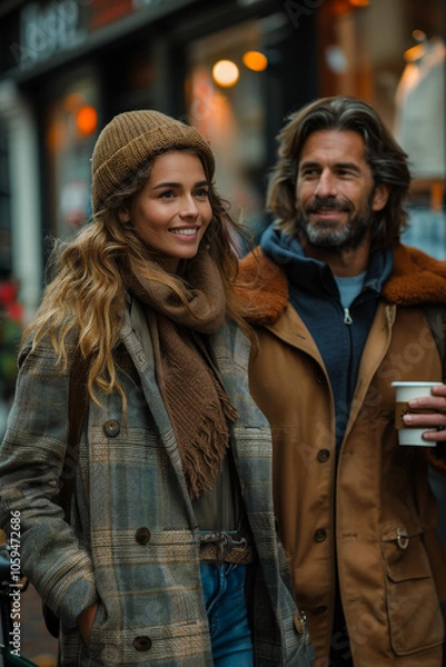 Fototapeta Couple cozies up on an autumn stroll. A man and woman smile happily while walking together in a bustling urban area, dressed warmly for the cool autumn day.