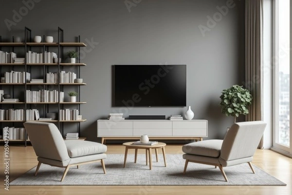 Fototapeta Modern Living Room Features Cozy Seating, Entertainment Center with Flat Screen TV, and Floor-to-Ceiling Bookshelf Filled with Books, Creating a Relaxing and Inviting Atmosphere