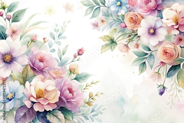 Fototapeta Softly blended watercolor flowers on a subtle white background, organic shapes, texture, garden scenes
