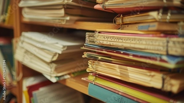 Fototapeta A shelf stacked with various vocal exercise books and resources is available for choir members to reference and use during rehearsals.