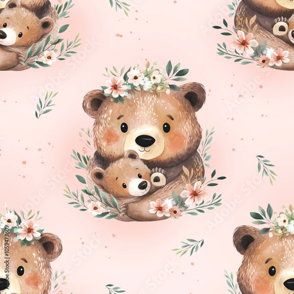 Fototapeta Seamless pattern with a cute baby bear with mom.
A repeating background with a bear. Children's seamless wallpaper in watercolor style.