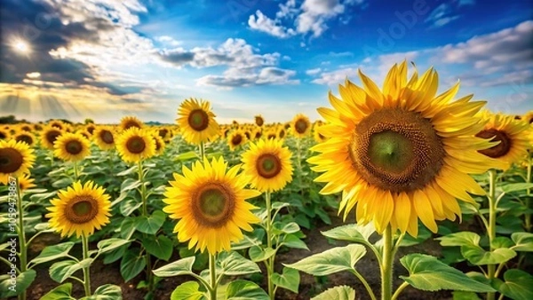 Fototapeta Sunflower field with bright yellow flowers and green stems stretching towards the sky, nature, countryside, yellow flowers