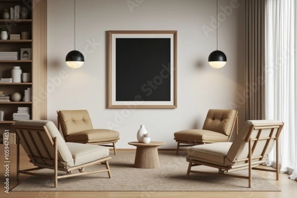 Fototapeta Modern living room features cozy armchairs, elegant pendant lights and soothing neutral tones creating calm, relaxing atmosphere.