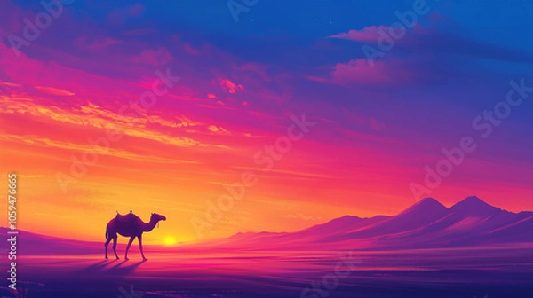 Fototapeta camel walking across a desert at sunset, vibrant colors in the sky, dynamic and serene mood