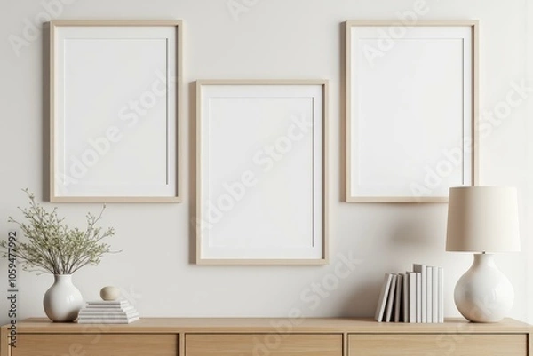 Fototapeta Minimalist Home Decor with White Frames and Serene Natural Elements Enhancing Calm and Modern Ambiance