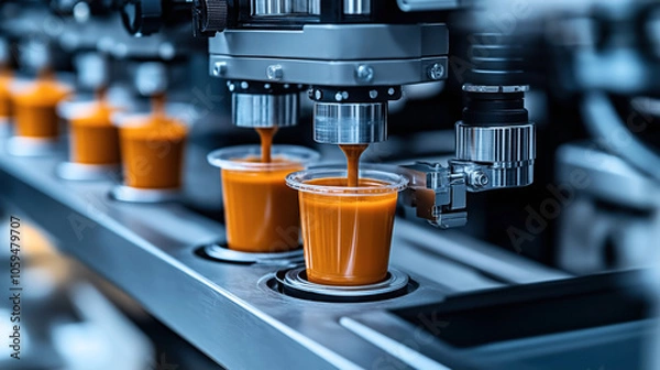 Fototapeta Industrial filling machine dispensing liquid into plastic cups on a production line in a factory setting, showcasing automation in food or beverage processing industry