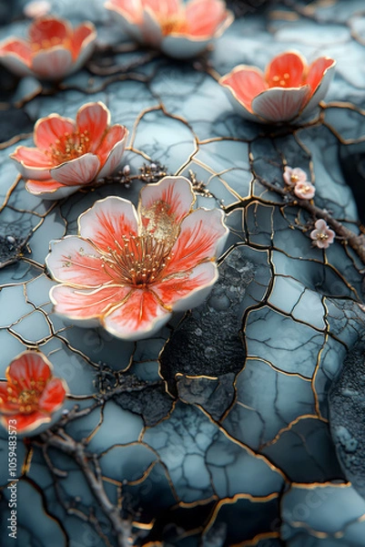 Fototapeta An arrangement of broken china with intricate hand-painted designs, with golden glue bonding some pieces, inspired by the Japanese art of kintsugi, emphasizing the beauty in imperfection,