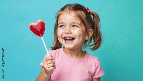Fototapeta Little girl with lollipop in the shape of heart on stick laughs fervently. Portrait of happy child. Smiling girl in pink T-shirt on a blue background