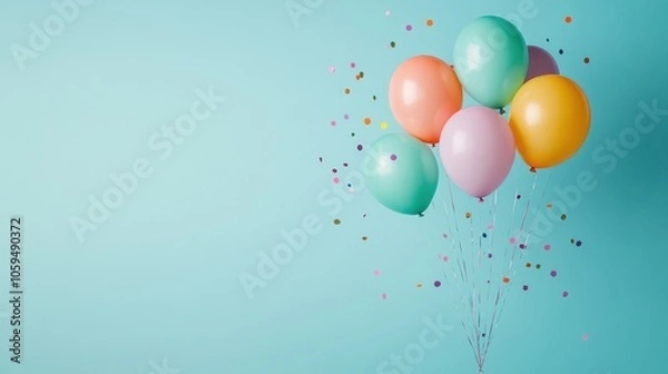 Fototapeta festive party balloons with confetti on light blue background, with copy space for text