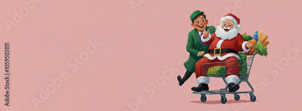 Fototapeta Santa Claus is sitting in a grocery cart with an elf helper, both smiling happily, pink solid background