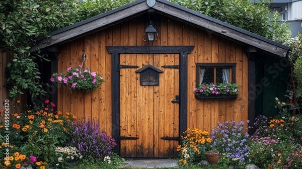 Obraz A charming wooden garden shed surrounded by colorful flowers and greenery.