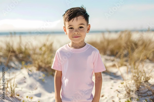 Fototapeta A young Hispanic boy stands confidently on a sunny beach, surrounded by tall grass, capturing a joyful summer moment.