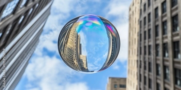 Fototapeta A hovering bubble mirrors city skyscrapers, capturing an unusual perspective of urban architecture marvel.
