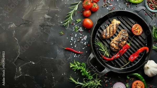 Fototapeta Empty Grill Pan with Fresh Vegetables Ready for Cooking
