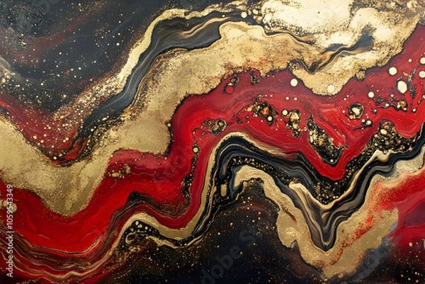 Fototapeta Bold swirls of red, gold, and black create a stunning abstract landscape inspired by cosmic elements