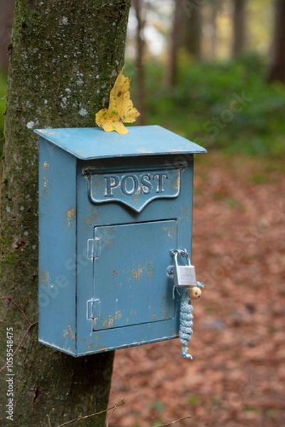 Obraz Rustic Blue Mailbox on Tree with Autumn Decor