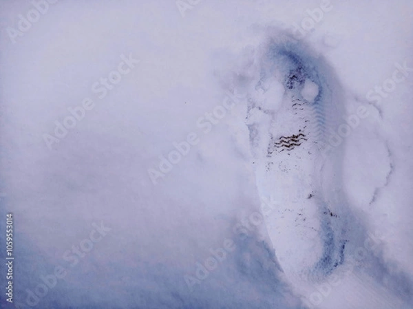 Fototapeta Footprint in the snow . Human footprint in white snow, free space. Footprints from boots in the snow.