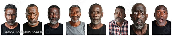 Fototapeta Collection of portraits of a mid-aged beautiful black man with different emotions, isolated on transparent background, generative ai.