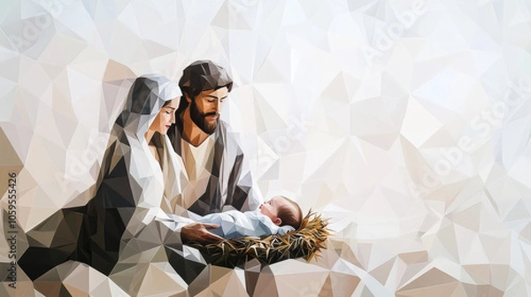 Obraz A modern, geometric illustration of the nativity featuring Mary, Joseph, and baby Jesus in a stylized, faceted design, symbolizing Christmas.
