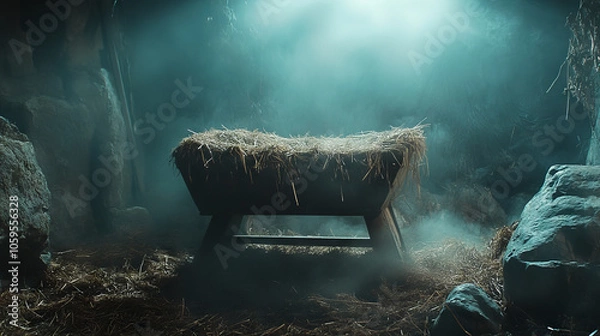 Fototapeta An empty manger filled with straw in a dark, misty stable, symbolizing anticipation and the Nativity scene before the arrival of baby Jesus.
