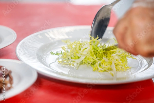 Fototapeta A chef is placing a lettuce in a plate