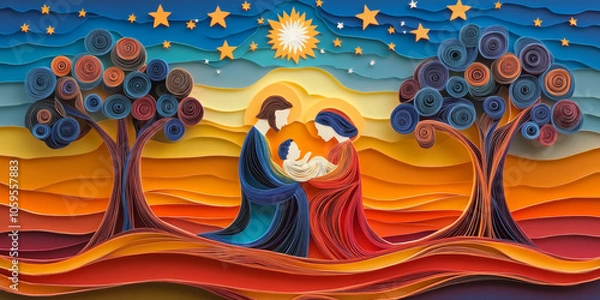 Fototapeta Paper cut art depicting the Holy Family of Joseph, Mary, and baby Jesus in their arms at night, with stars above them, in the style of paper quilling