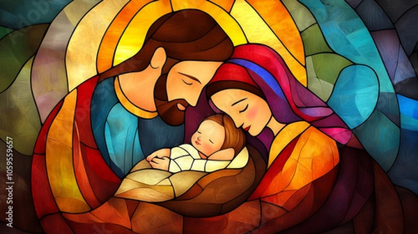 Fototapeta Stained glass window depicting the Nativity scene: Jesus, Mary, and Joseph with the baby Jesus in the cradle