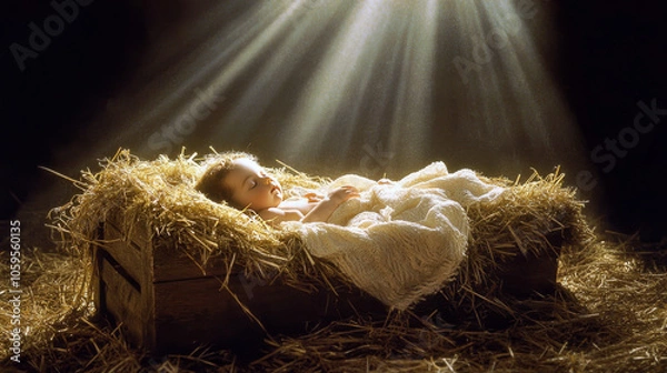 Fototapeta The scene of the Baby Jesus in his manger, with rays of light shining down on it. The baby is sleeping peacefully inside the hay and that have been placed around him to keep warm.