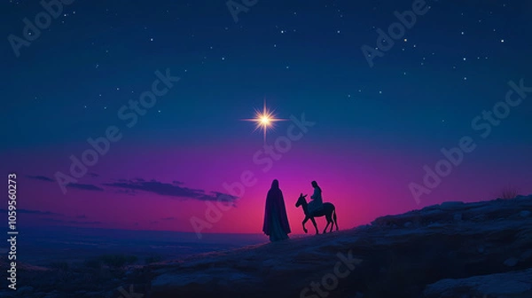 Fototapeta The star shines in the sky, and Mary walks with Joseph on their way. Inspired in the style of Disney cartoon style, a silhouette of a star over a silhouette of baby Jesus riding a donkey