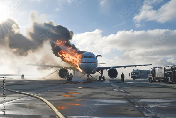 Fototapeta Emergency responders handled an airplane fire on the runway duri