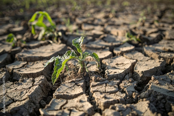 Fototapeta Young corn plants suffering from drought on cracked, dry soil in