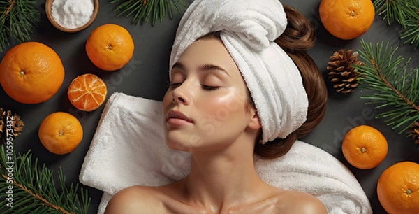 Fototapeta Portrait of a girl in a spa treatment with a towel on her head and oranges and fir branches spread around