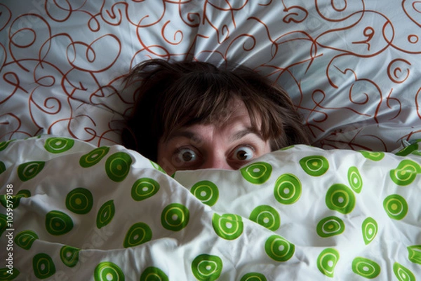 Fototapeta A person is anxiously hiding under a colorful polka dot blanket
