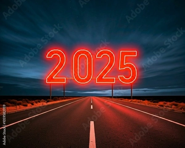Fototapeta Image of a straight road stretching towards the horizon, under a dark, cloudy sky, with a red neon sign reading "2025." It  evokes the start of the new year and the anticipation of what is to come