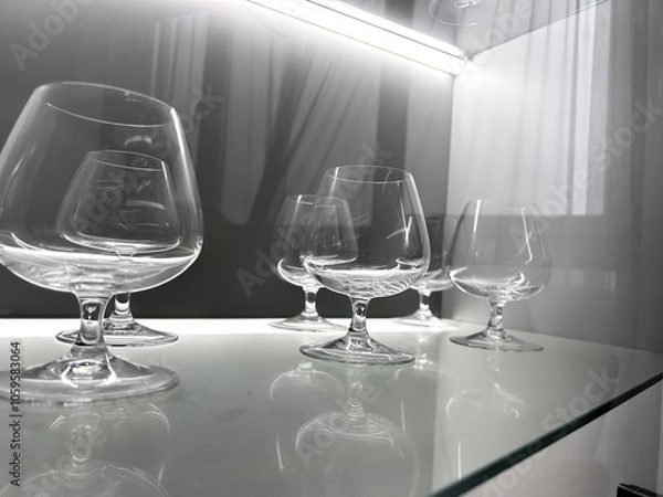 Fototapeta Glass cabinet with different glasses and glasses, all illuminated by built-in lighting
